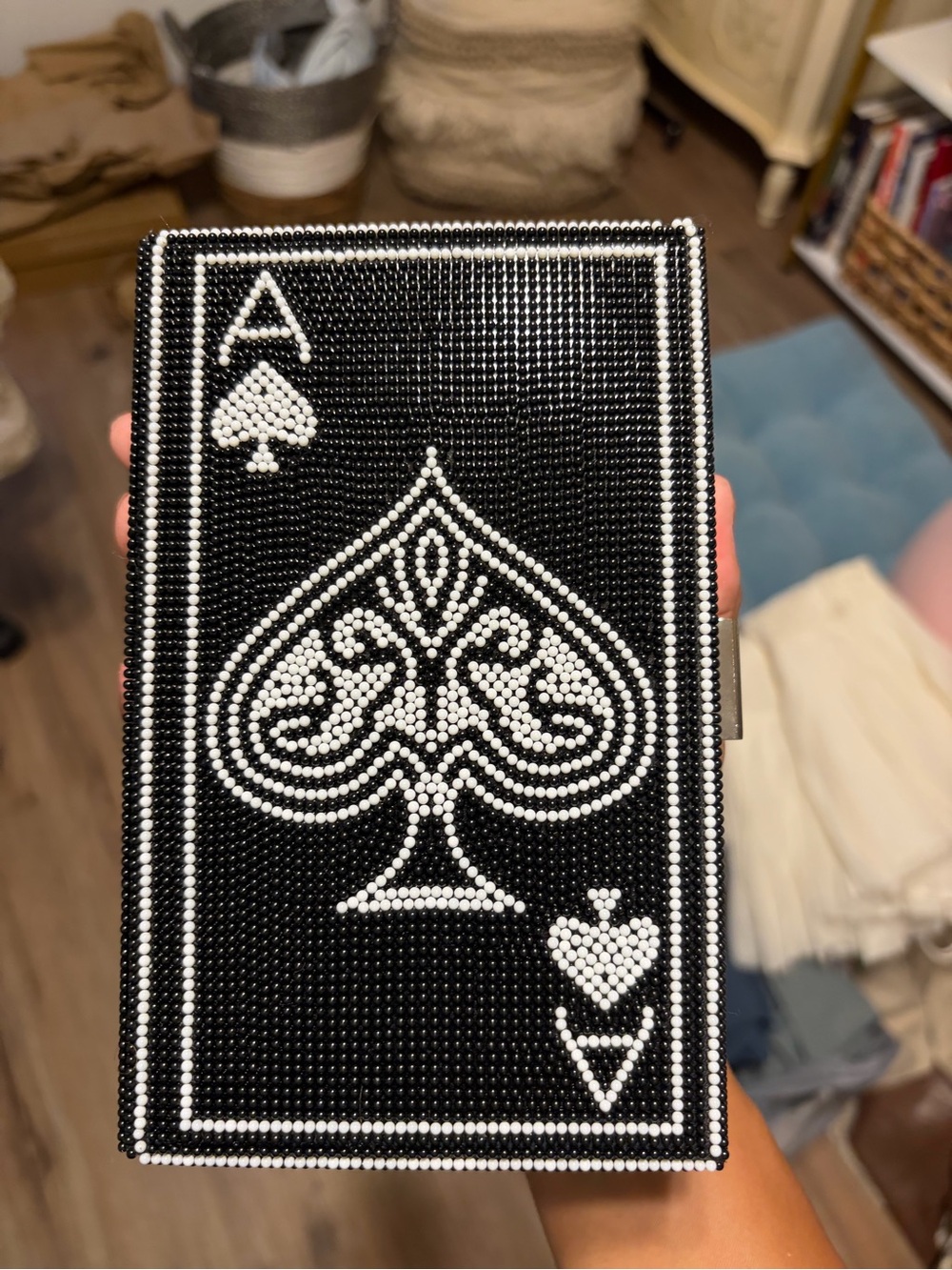 Beaded Ace of Spades Card Decorative Box Clutch w/ silver crossbody chain - Picture 2 of 10